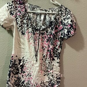 Peaches Uniforms Pink and Black Floral Blouse